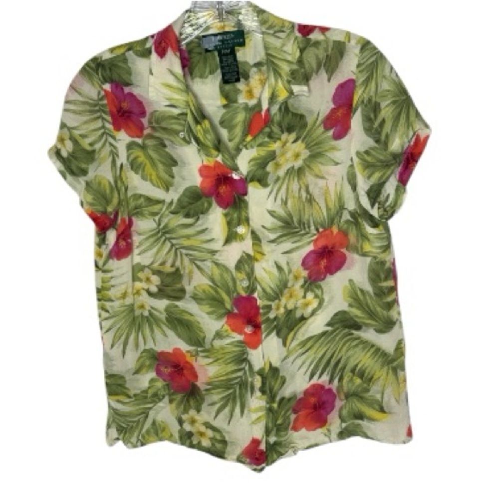 Ralph Lauren Y2K Vintage Floral‎ Button-Down Shirt - Green, Red, Cream. Size MP.